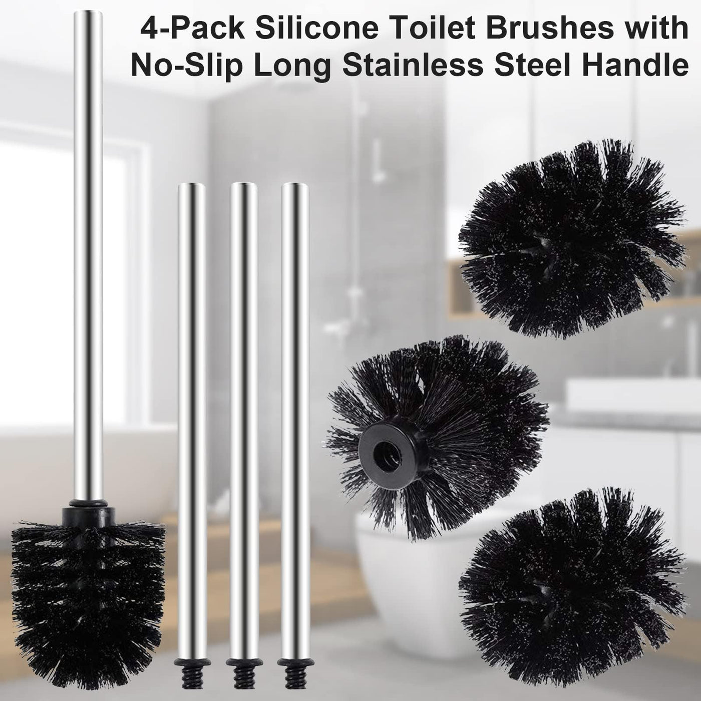 Rovtop 4 Stück WC Klobürste Schwarz, Toilettenbürste mit 7.5 cm Durchmesser, WC Bürste mit Edelstahlstiel, Toilet Brush, Toilettenbürste Edelstahl Klobürste Ersatz