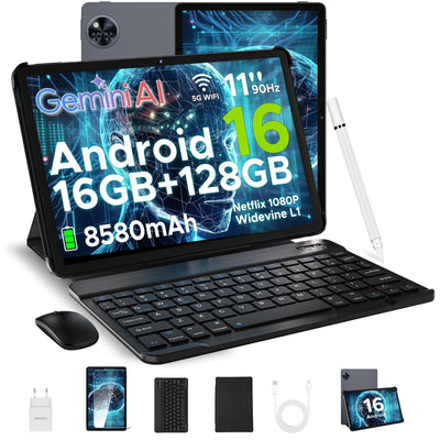 DOOGEE U11 Android 16 AI Tablet 11 Zoll, 16GB+128GB (2TB TF) Gaming Tablets, T7200 Octa Core, 8580mAh, Gemini AI, WiFi 5, 90Hz Display, 13MP+5MP,Tablet mit Tastatur, Maus, Stift,Hülle und Schutzfolie