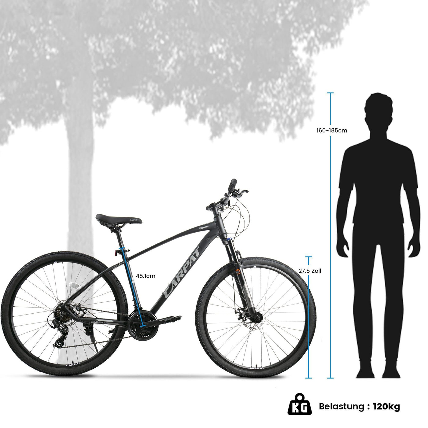 CARPAT SPORT Mountainbike 27,5 Zoll MTB Fahrrad für Herren Damen 21 Gang TZ Tourney Schaltwerk, Kettenschaltung, (Aluminium Rahmen, Mechanische Scheibenbremse), Hardtail Fahrrad
