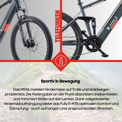 TELEFUNKEN E-Bike Mountainbike Elektrofahrrad Alu, 8 Gang Kettenschaltung - Pedelec MTB 27,5 Zoll, Hinterradmotor, 250W, Hydr. Scheibenbremsen, Grau, Aufsteiger M936