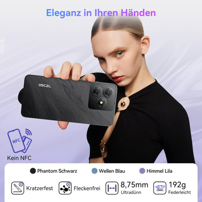OSCAL Flat 2 Handy Ohne Vertrag, Android 15, 12GB+128GB/2TB TF Handy Günstig, 6.56'' HD+ 90Hz Smartphone Ohne Vertrag, 13MP+8MP, 5000mAh, Dual SIM/OTG/GPS/Fingerabdruck/Gemini AI/2 Jahre Garantie