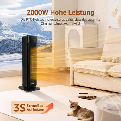 Aigostar Energiesparend Heizlüfter mit Thermostat Heizung, 2000W PTC Keramik Heizlüfter mit Fernbedienung, 70° Oszillation, 4 Modi, 24H Timer, LED-Anzeige, Überhitzungs- & Kippschutz, Schwarz