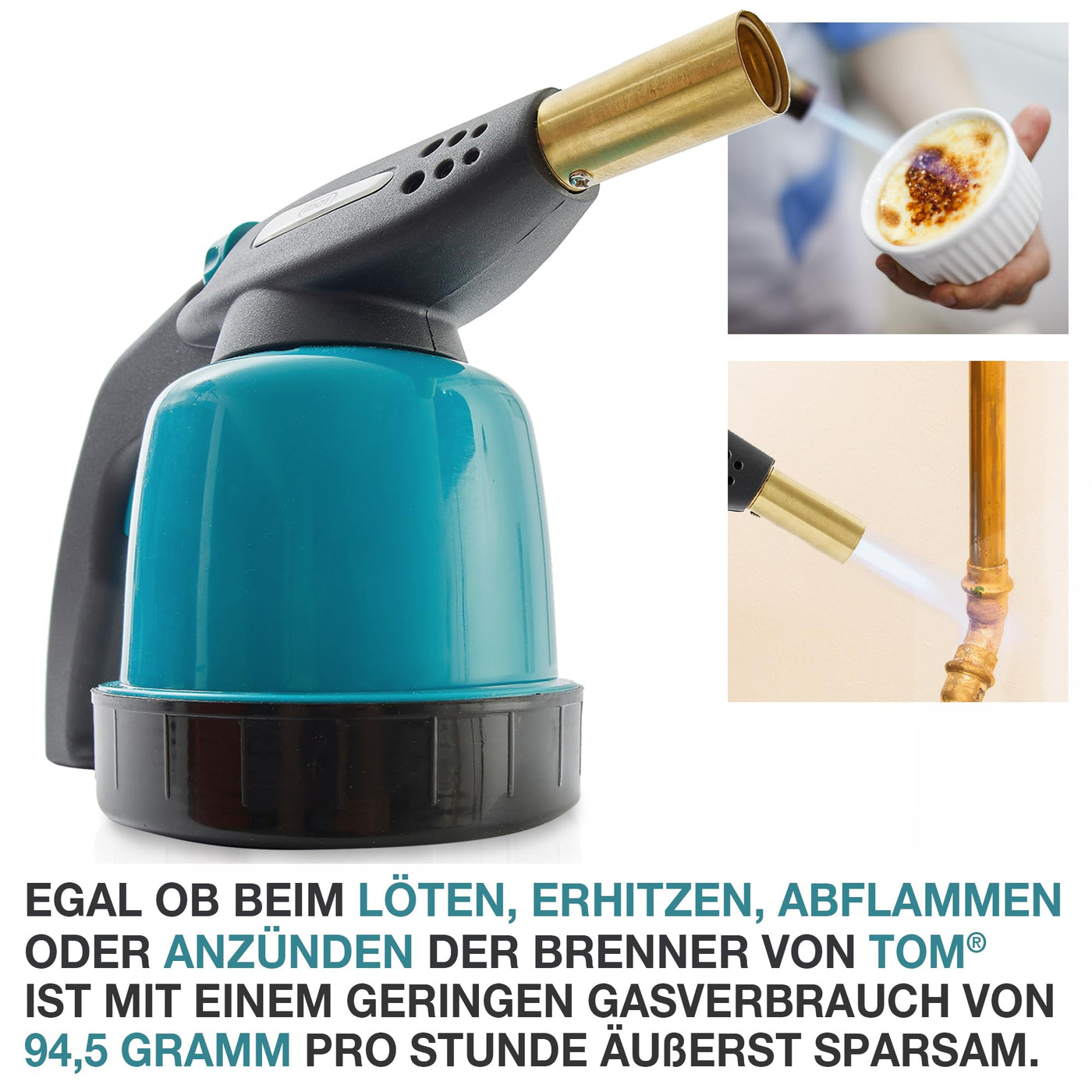 TOM Gas-Lötbrenner im Set – 1300°C – Lötlampe zum Weich- oder Hartlöten – Piezozündung – Bunsenbrenner Gasbrenner (Lötbrenner)