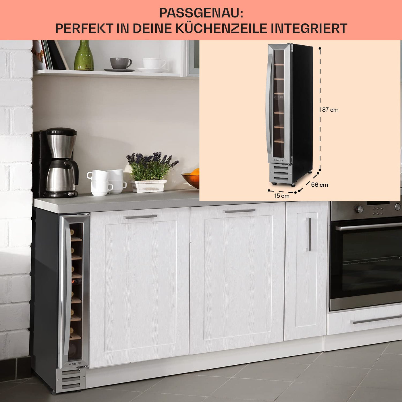 Klarstein Weinkühlschrank, 1 Zonen Getränkekühlschrank, Kleiner Einbau-Weinschrank Schmal, 20L Wein-Kühlschrank mit Glastür, Indoor/Outdoor Flaschenkühlschrank, Wine Fridge 5-22°C, 7 Flaschen