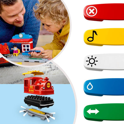 LEGO DUPLO Dampfeisenbahn, Eisenbahn-Spielzeug aus LEGO Steinen mit Tierfigur, Zug-Spielzeug für Jungen und Mädchen, mit Licht & Geräuschen sowie Push-&-Go-Motor, Geschenk für Kinder ab 2 Jahren 10874