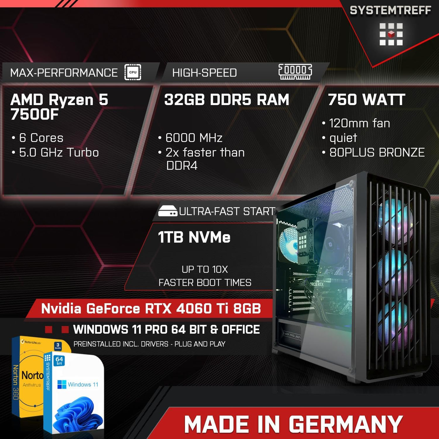SYSTEMTREFF Gaming PC AMD Ryzen 5 7500F 6x5GHz | Nvidia GeForce RTX 4060Ti 16GB DX12 | 1TB M.2 NVMe | 32GB DDR5 RAM | WLAN Desktop Computer Rechner für Gamer, Zocker & Streamer