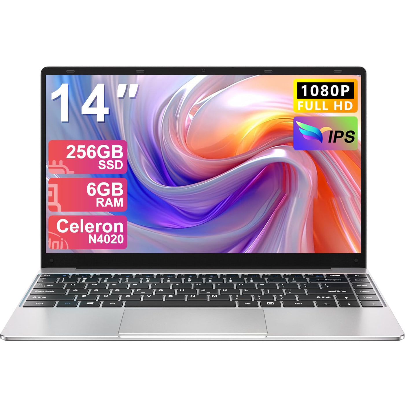 NOTODD 2025 Laptop 14 Zoll Win 11 Pro 6GB RAM 256GB SSD Unterstützung 1TB (TF 1TB) Notebook Celeron N4020 (bis2.8GHz) 5000mAh 1920x1080p WiFi Deutscher Tastaturschutz und kabellose Maus-Silver