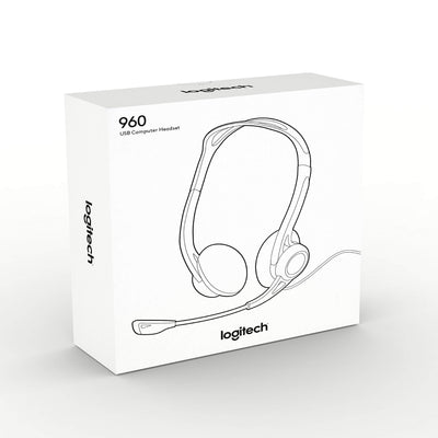 Logitech 960 Kopfhörer, Stereo-Headset, Verstellbares Mikrofon mit Rauschunterdrückung, Integrierter Lautstärkeregler, Stummschaltung, USB-Anschluss, 2.4m Kabel, PC/Mac/Laptop - Schwarz