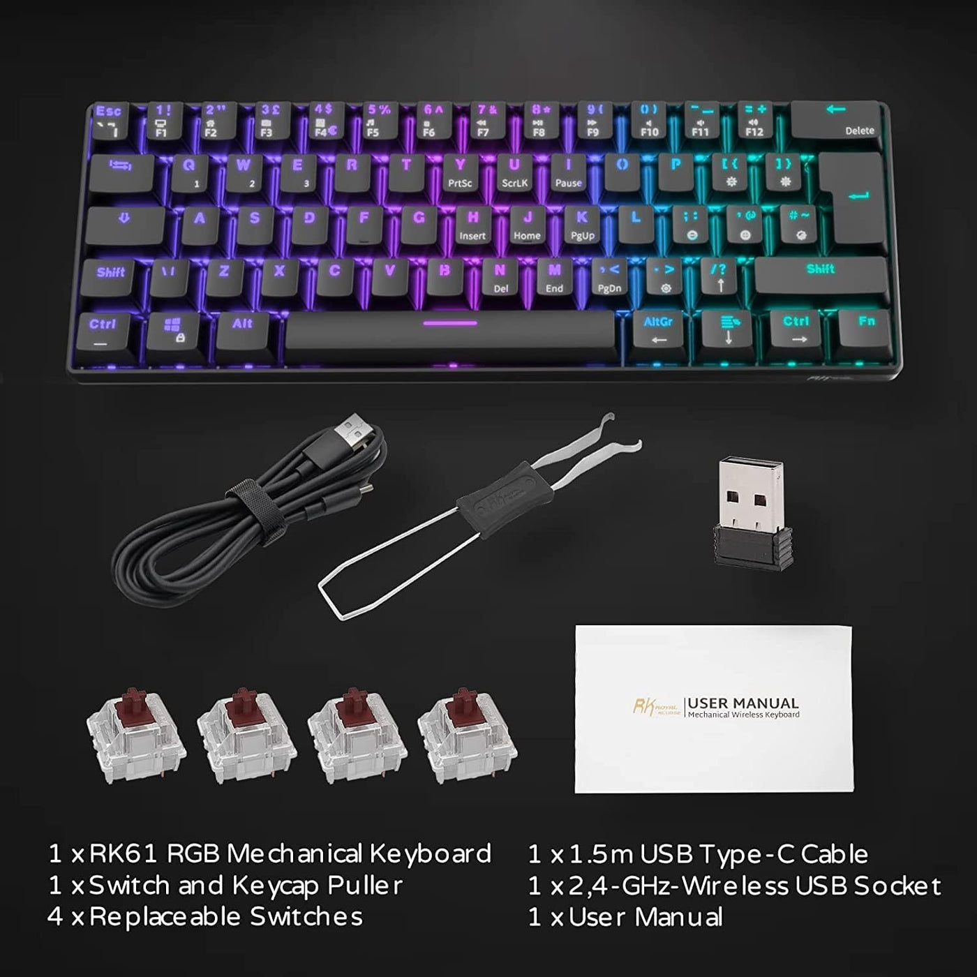 RK ROYAL KLUDGE RK61 Mechanische Tastatur 2,4 GHz Kabellose/Bluetooth/Verkabelte 60% Gaming Tastatur RGB-Beleuchtung Hot-Swap-fähiger Blauer Schalter, Kompatibel für Win/Mac, Schwarz (QWERTZ)