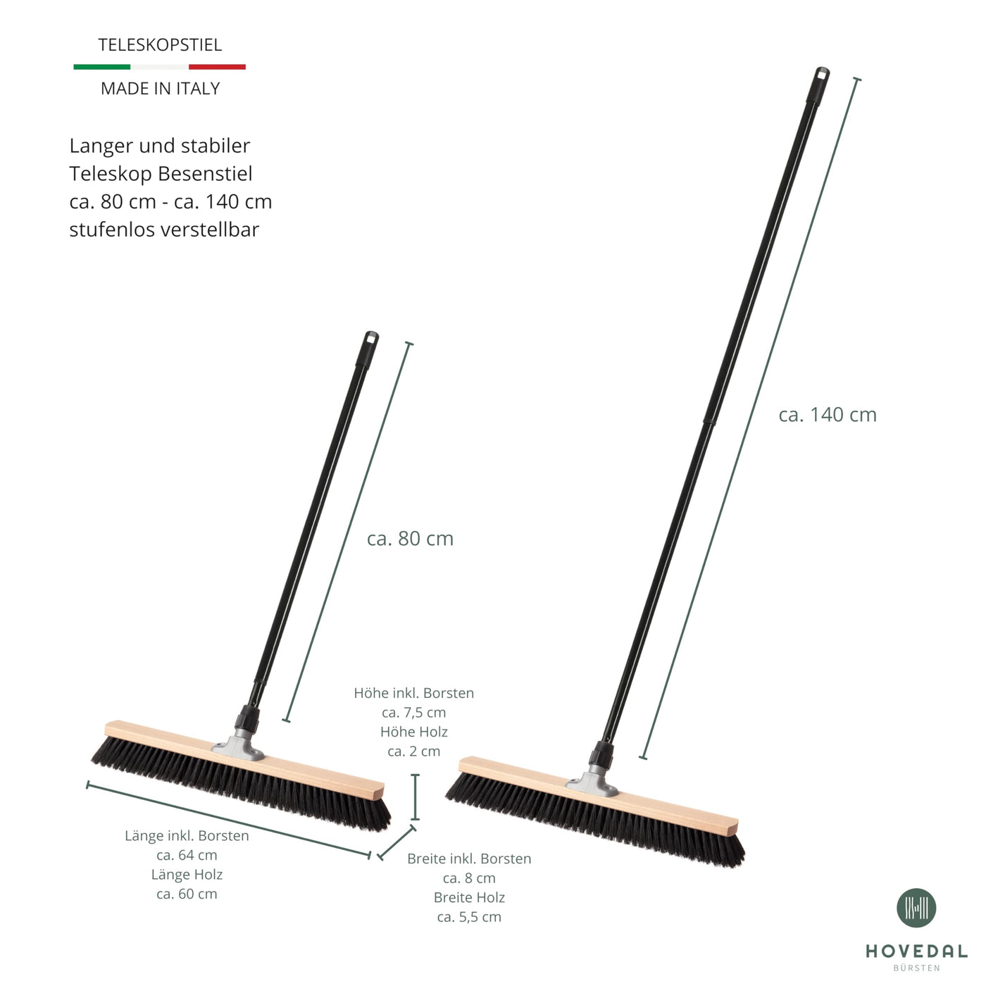 Saalbesen mit Stiel, Besen 60 cm breit und groß mit Teleskopstiel, ideal für Werkstatt, Werkstattbesen, Hallenbesen