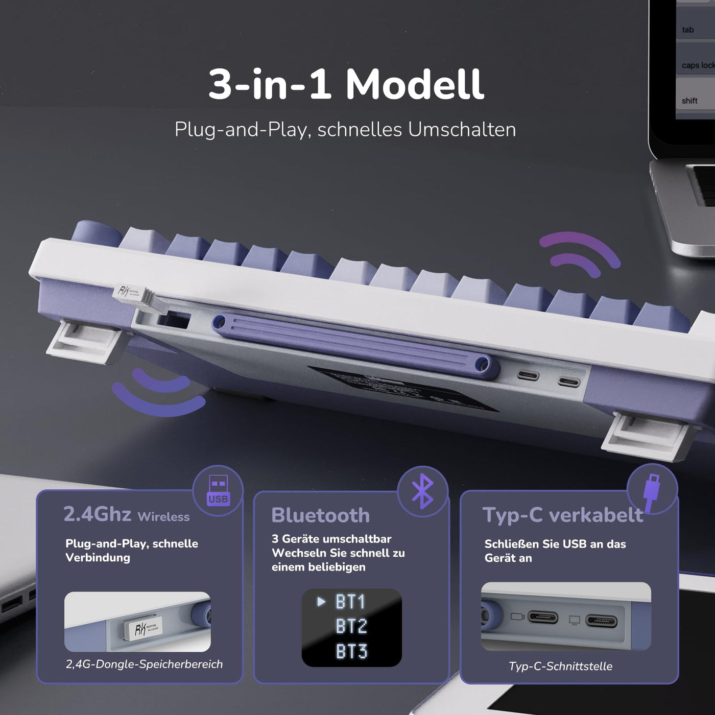 RK ROYAL KLUDGE M75 Gaming Tastatur kabellos 75% TKL Mechanische Tastatur RGB 2,4 GHz Wireless/Bluetooth/USB-C QWERTZ mit OLED-Smart-Display und Knopf Hot Swappable Braune Schalter, Lavendelviolett