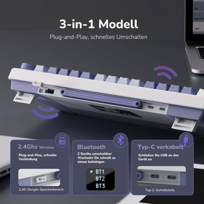 RK ROYAL KLUDGE M75 Gaming Tastatur kabellos 75% TKL Mechanische Tastatur RGB 2,4 GHz Wireless/Bluetooth/USB-C QWERTZ mit OLED-Smart-Display und Knopf Hot Swappable Braune Schalter, Lavendelviolett