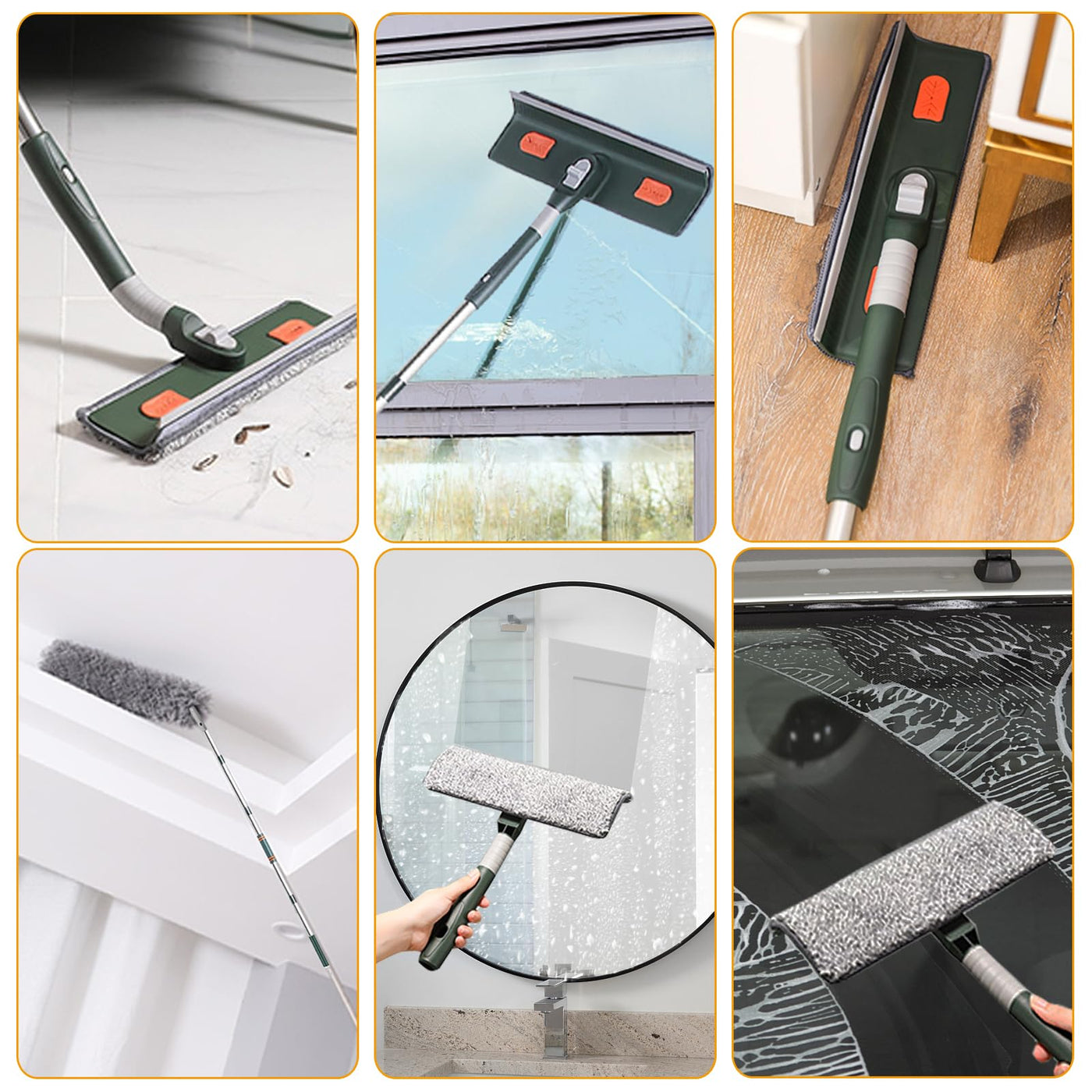 Dubest Fensterwischer mit teleskopstiel,Profi Fensterputzer Set mit 3 Mikrofaserpads und Staubwedel,180 Rotationskopf Fensterabzieher Glasreinigungswerkzeuge für Hohe Fenster im Outdoor und Zuhause