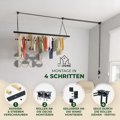 MyZone Wäscheständer Decke platzsparend, ausziehbar, stabil, 115x60cm | Wäschetrockner Deckenmontage, Deckentrockner klappbar, Hochtrockner | Badewanne, Balkon | Bambus Holz, schwarz matt