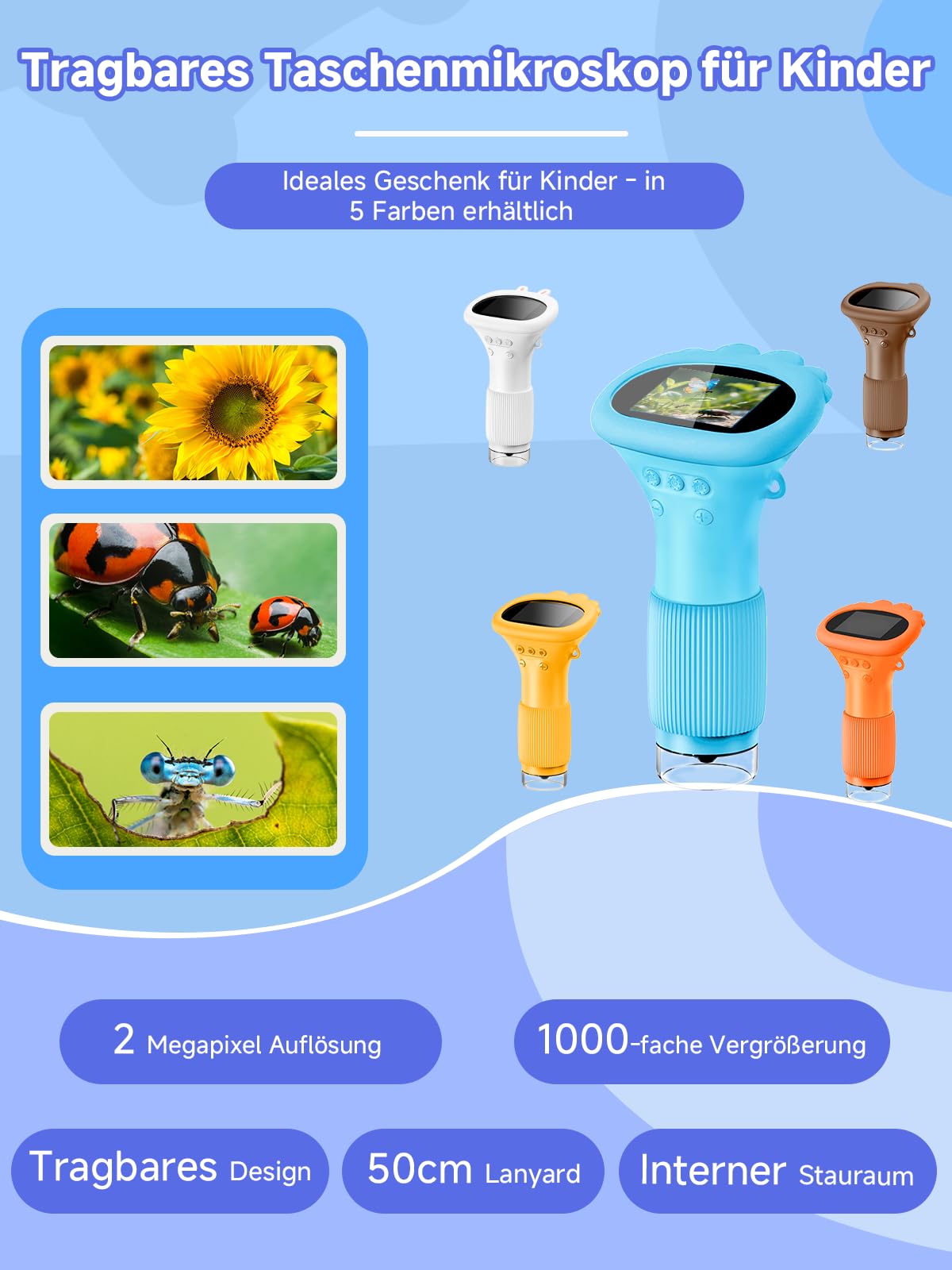 Acoath Mikroskop für Kinder, Digitales Mikroskop mit 2,0" IPS-Bildschirm Lupe 200x Vergrößerung, 8 LED Lights Handy Microscope USB Taschenmikroskop - Blau