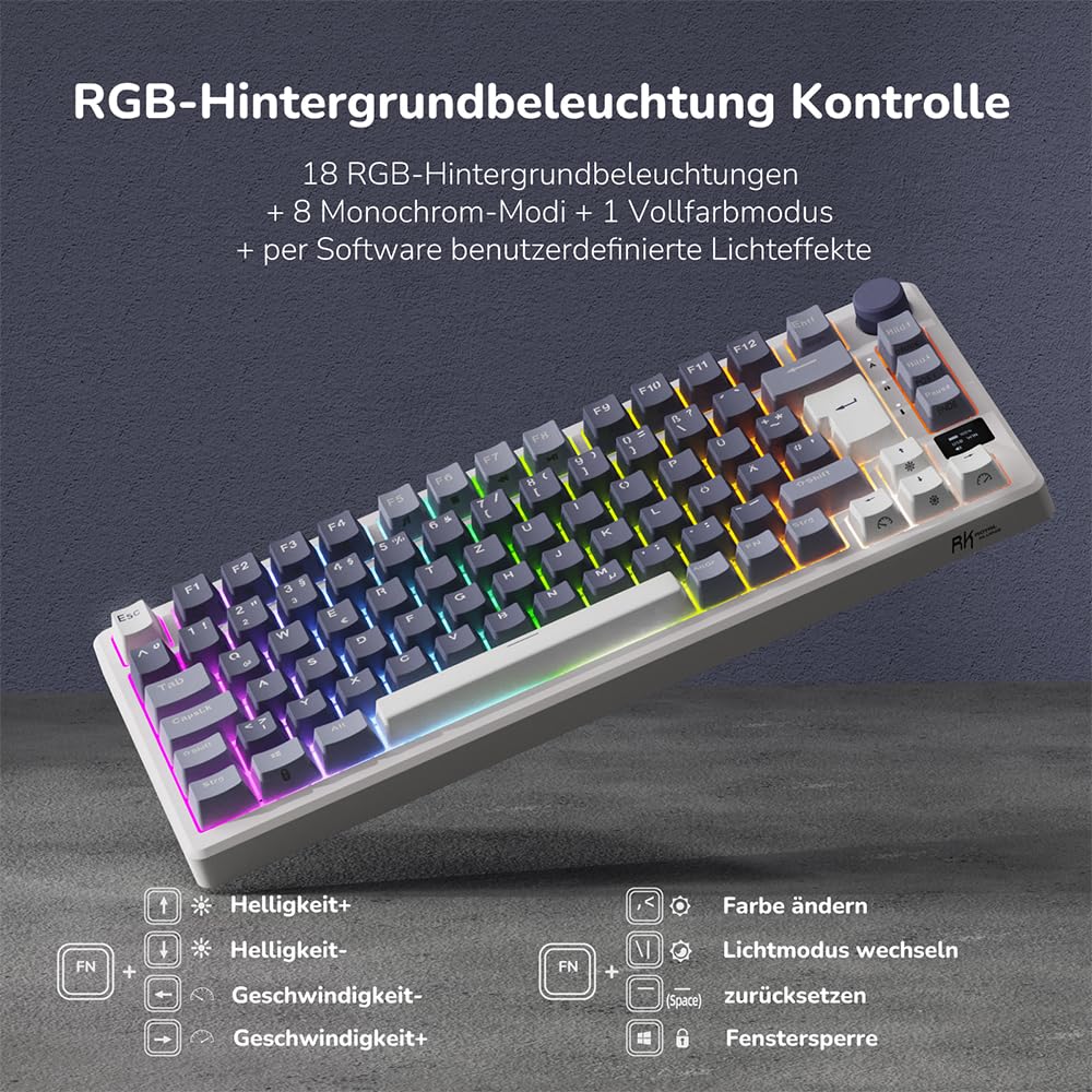 RK ROYAL KLUDGE M75 Gaming Tastatur kabellos 75% TKL Mechanische Tastatur RGB 2,4 GHz Wireless/Bluetooth/USB-C QWERTZ mit OLED-Smart-Display und Knopf Hot Swappable Roter Schalter, Lavendelviolett
