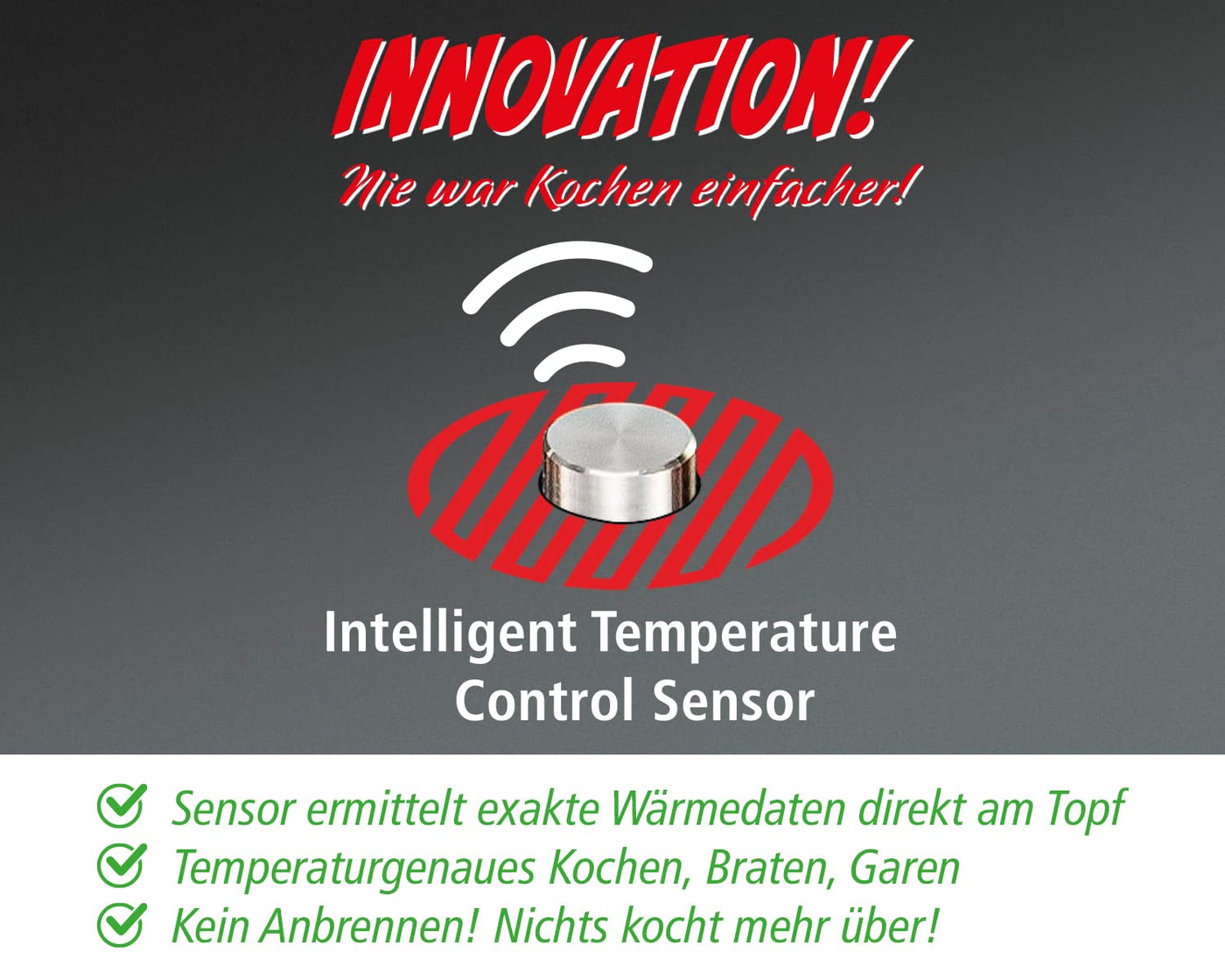 ROMMELSBACHER Einzelkochplatte CTS 2000/IN – Induktion, innovativer Temperatursensor, ersetzt viele Küchengeräte: 6 Programme (z. B. Joghurt, Sous Vide, Frittieren), individuell gradgenau einstellbar