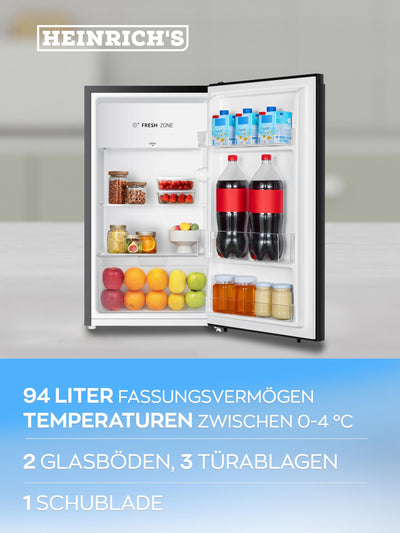 Heinrich´s Getränkekühlschrank 94L klein kompakt leise: 36db Mini-Bar; Tisch-Kühlschrank mit 7 Temperaturstufen, Mini Kühlschrank freistehend, perfekt geeignet für Büro Camping Garten Outdoor,schwarz