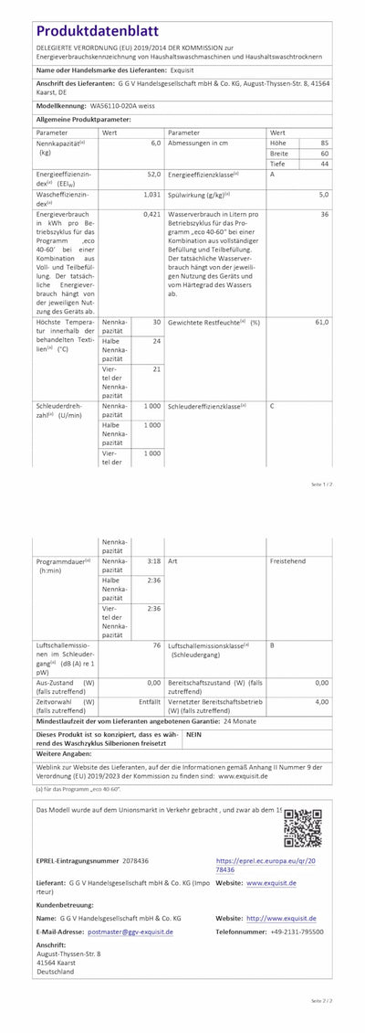 Exquisit Waschmaschine 6kg, Energieeffizienzklasse A, max. 1000 U/min, ECO 40-60, Kurzprogramm, Kindersicherung, 16 Waschprogramme, WA56110-020A weiss