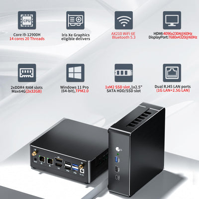 Kinupute Mini PC i9, Desktop Computer mit Core i9-12900H, 14 Kerne bis zu 5.0GHz, Windows 11 Pro, 64G DDR4, 2T M.2 PCIE4.0 SSD, DP/HDMI/USB-C Triple Display, 8K/4K@60Hz, Dual LAN, WiFi6E/BT5.3