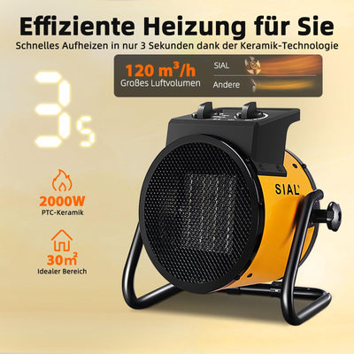 SIAL 2000 W Heizlüfter - Elektroheizer - Keramik Heizstrahler - Bauheizer Bautrockner - Heizgerät mit Überhitzungsschutz - Für Baustellen, Häuser, Werkstätten, Garagen - P2 - Gelb