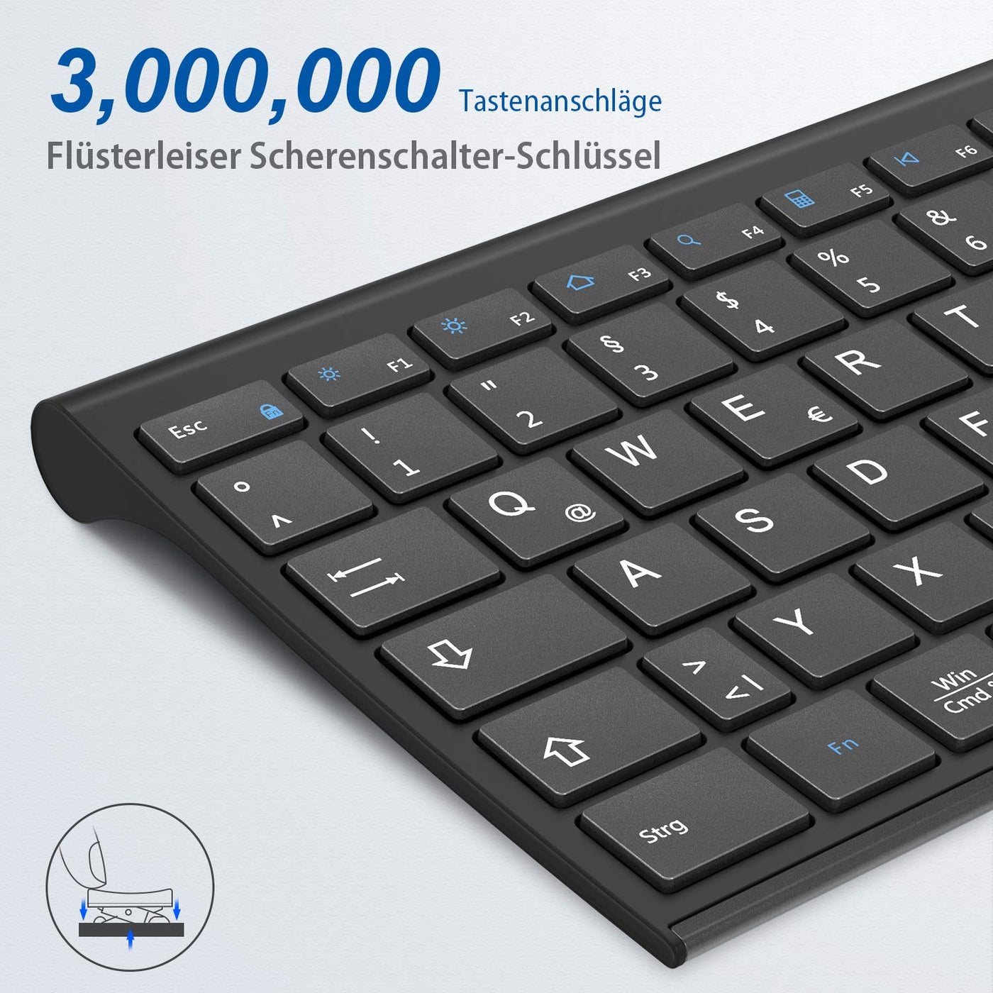 iClever Kabellose Tastatur, wiederaufladbare 2,4 GHz Funk Tastatur, Deutsches QWERTZ Layout, für Computer/Desktop/PC/Laptop/Chrome OS und Windows 10/8/7, Schwarz