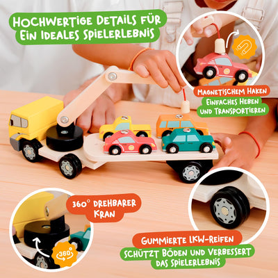 Nene Toys Autotransporter aus Holz mit Kran & 4 Magnet-Autos – Magnetspielzeug für Kinder ab 2 Jahren – Montessori Holzspielzeug & Lernspiel mit Fahrzeugen – Geschenk Jungen Mädchen 2 3 Jahren