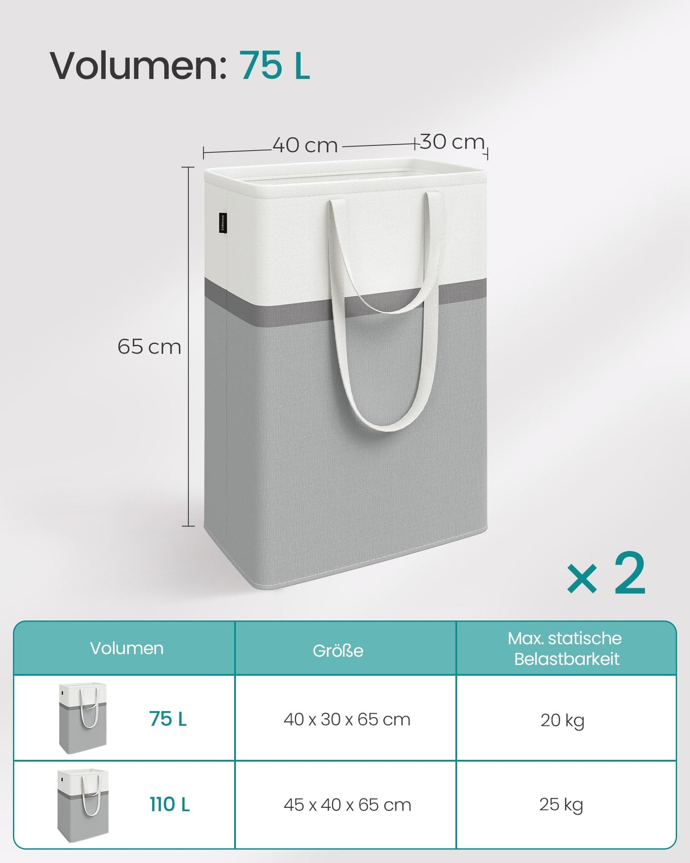 SONGMICS Pfandflaschen Sammelbehälter Wäschekorb 2er Set, 75 L Wäschesammler faltbar, mit langen Griffen, leicht zu tragen und zu reinigen, für Schlafzimmer Badezimmer, taubengrau LCB208G02