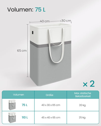 SONGMICS Pfandflaschen Sammelbehälter Wäschekorb 2er Set, 75 L Wäschesammler faltbar, mit langen Griffen, leicht zu tragen und zu reinigen, für Schlafzimmer Badezimmer, taubengrau LCB208G02
