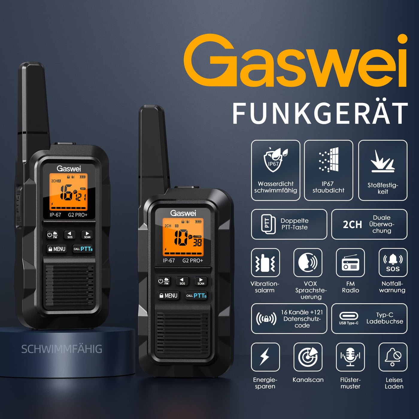Gaswei G2Pro Professionelle Walkie-Talkies für Erwachsene [IP67 wasserdicht & schwimmfähig] Langstrecken-Funkgerät mit Doppel-PTT, SOS-Alarm,FM-Radio + Akku für Outdoor, (2er-Set in Schwarz)