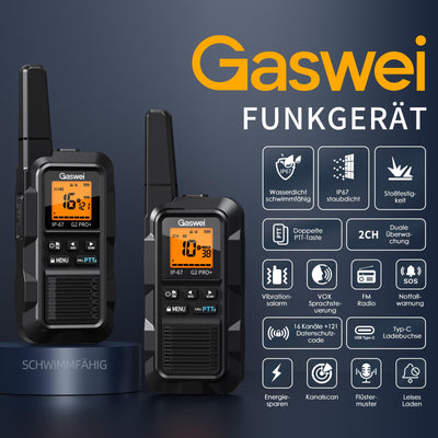 Gaswei G2Pro Professionelle Walkie-Talkies für Erwachsene [IP67 wasserdicht & schwimmfähig] Langstrecken-Funkgerät mit Doppel-PTT, SOS-Alarm,FM-Radio + Akku für Outdoor, (2er-Set in Schwarz)