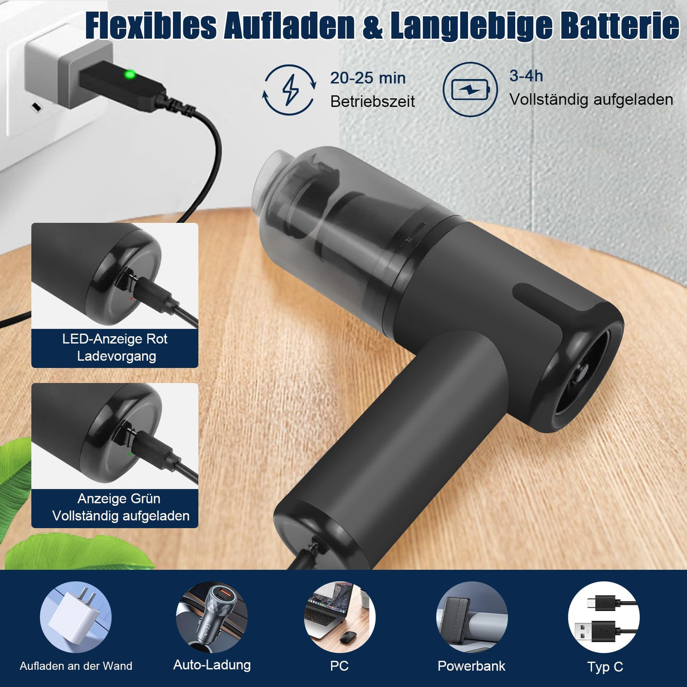 TENGWUDZ Handstaubsauger Kabellos,7000PA Akku Handstaubsauger,120W Mini Autostaubsauger 3 in1 Auto Kabello Handstaubsauge Staubsauger Gebläse (Black)