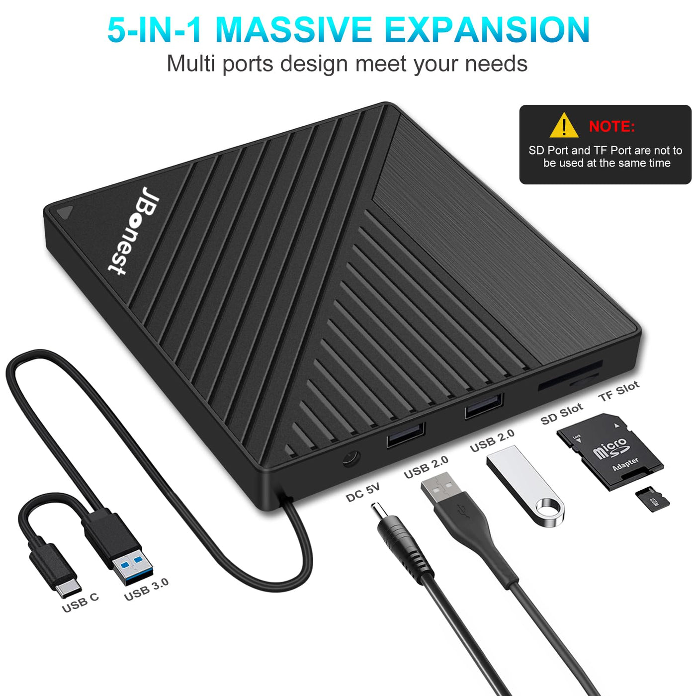 JBonest Externes CD DVD Laufwerk USB 3.0 Typ-C, Extern mit SD/TF-Kartenleser Portable DVD RW Brenner,Schnelle Datenübertragung für Laptop,Desktop,MacBook,Win11/10/8/7/XP, Linux,Mac OS,Vista