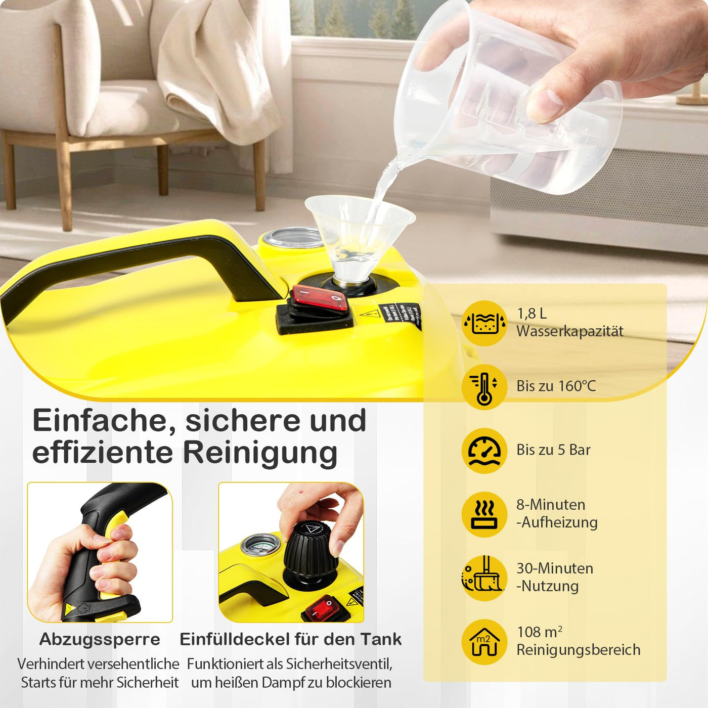 RELAX4LIFE Dampfreiniger, Dampfdruck: 5 bar, Leistung: 2000 W, Flächenleistung: 108 m², Tank: 1,8 L, Aufheizzeit: 8 min., mit Bodenreinigungsset, Düsen, für Teppiche, Boden, Fliese, Fenster, Sofa