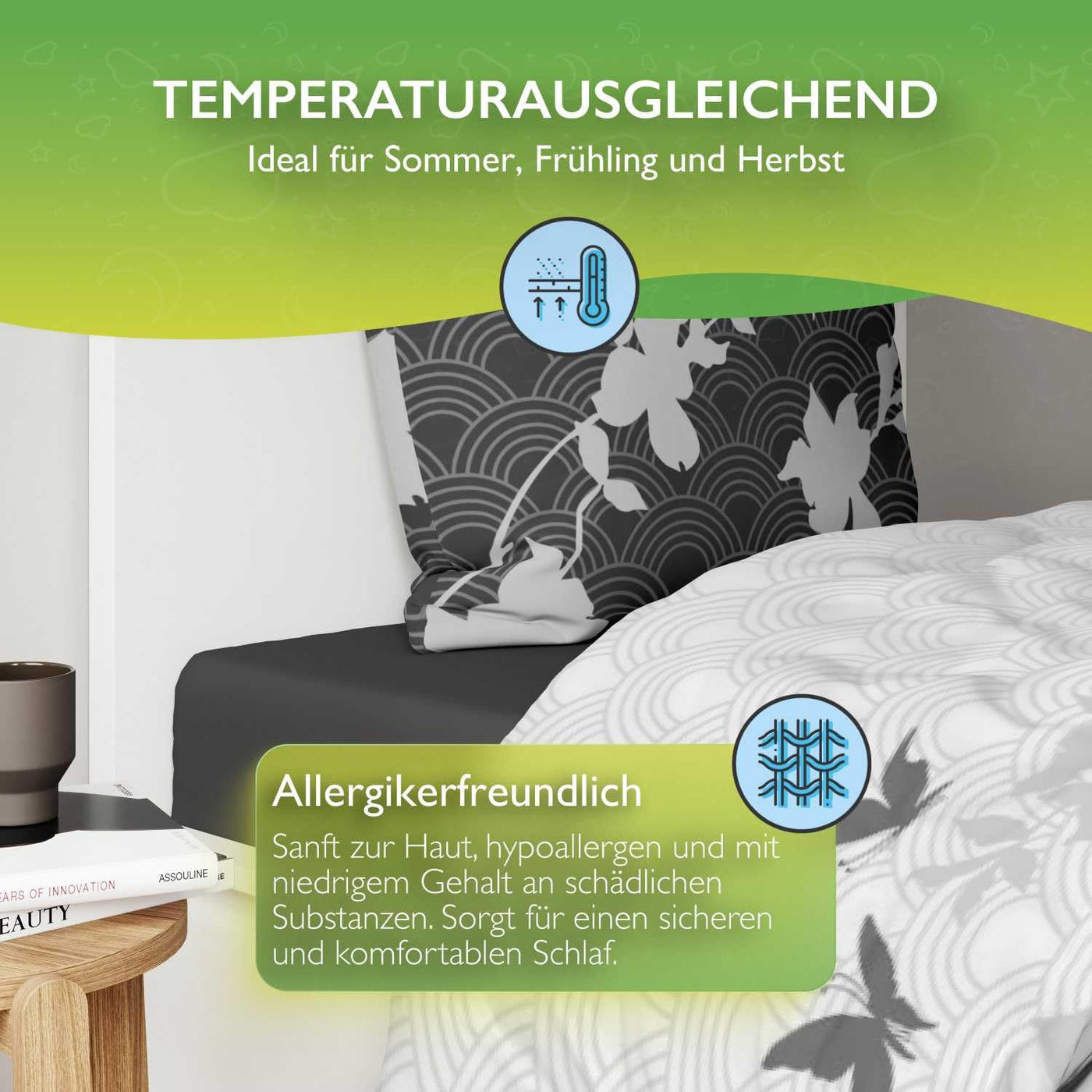 ETÉREA Bettwäsche Set 4-teilig Osaka Grau - 100% Baumwolle - 2X Bettbezug 135x200cm + 2X Kissenbezug 80x80cm - Bettwäsche 135x200cm Baumwolle 4 teilig - natürlich weich - OEKOTEX Made in Green - Grau