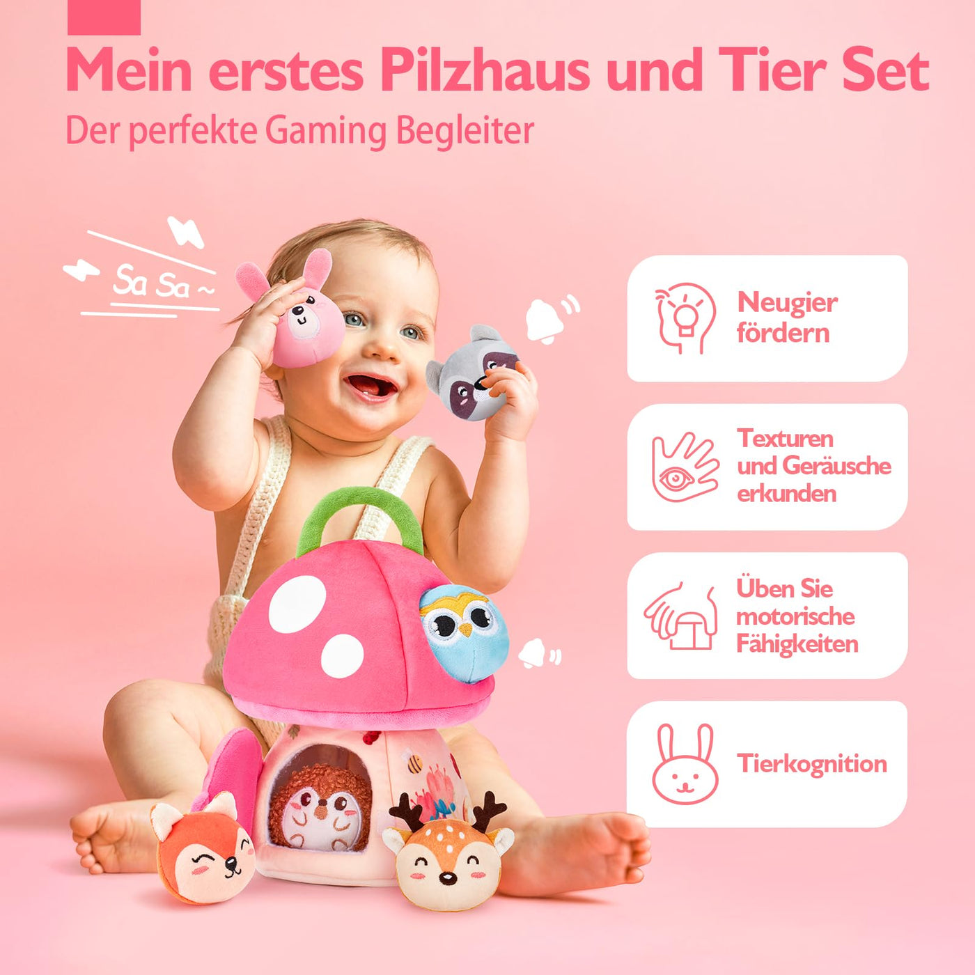 hahaland Baby Spielzeug 6 12 18 Monate, Pilzhaus mit Tieren Rassel, Krepppapier,Spiegel,Lernspielzeug für Babys Fördert Sensorische & Motorik,Montessori Spielzeug Geschenk für Kleinkinder 1 2 3 Jahren