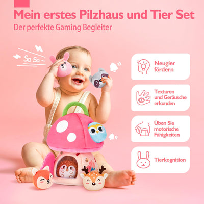 hahaland Baby Spielzeug 6 12 18 Monate, Pilzhaus mit Tieren Rassel, Krepppapier,Spiegel,Lernspielzeug für Babys Fördert Sensorische & Motorik,Montessori Spielzeug Geschenk für Kleinkinder 1 2 3 Jahren