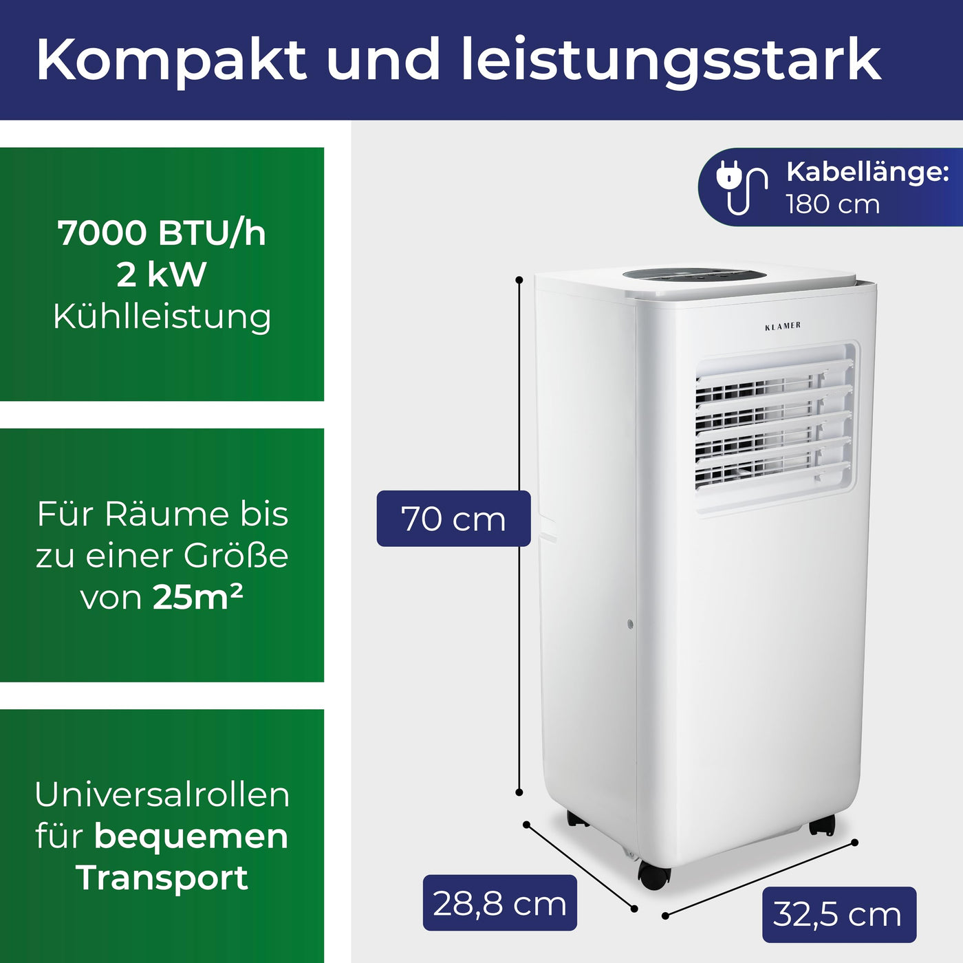 KLAMER Mobile Klimaanlage mit Abluftschlauch und Wassertank, 7000 BTU/h, 3-in-1 Klimagerät für Räume bis 25m², mit Luftentfeuchter, Kühlung und Ventilation für Haus, Wohnung & Büro