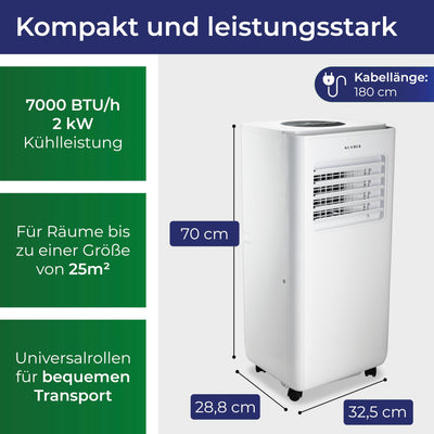 KLAMER Mobile Klimaanlage mit Abluftschlauch und Wassertank, 7000 BTU/h, 3-in-1 Klimagerät für Räume bis 25m², mit Luftentfeuchter, Kühlung und Ventilation für Haus, Wohnung & Büro