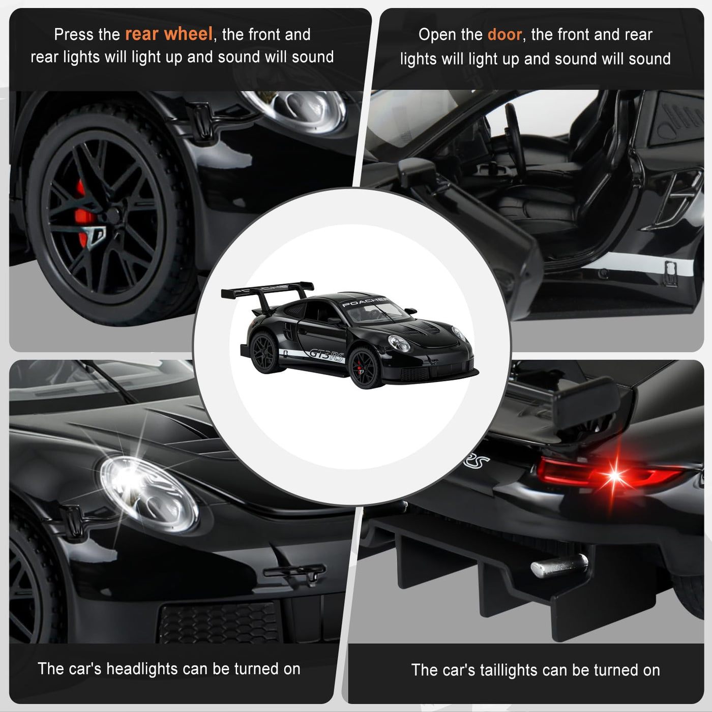 MODVKVK 911 GT3RS Modellauto 1:32, Spielzeugautos aus Druckgussmetall, Kinderspielzeugauto mit Ton und Licht mit Rückziehfunktion für Kinder ab 3 Jahren und Autosammler (Schwarz)