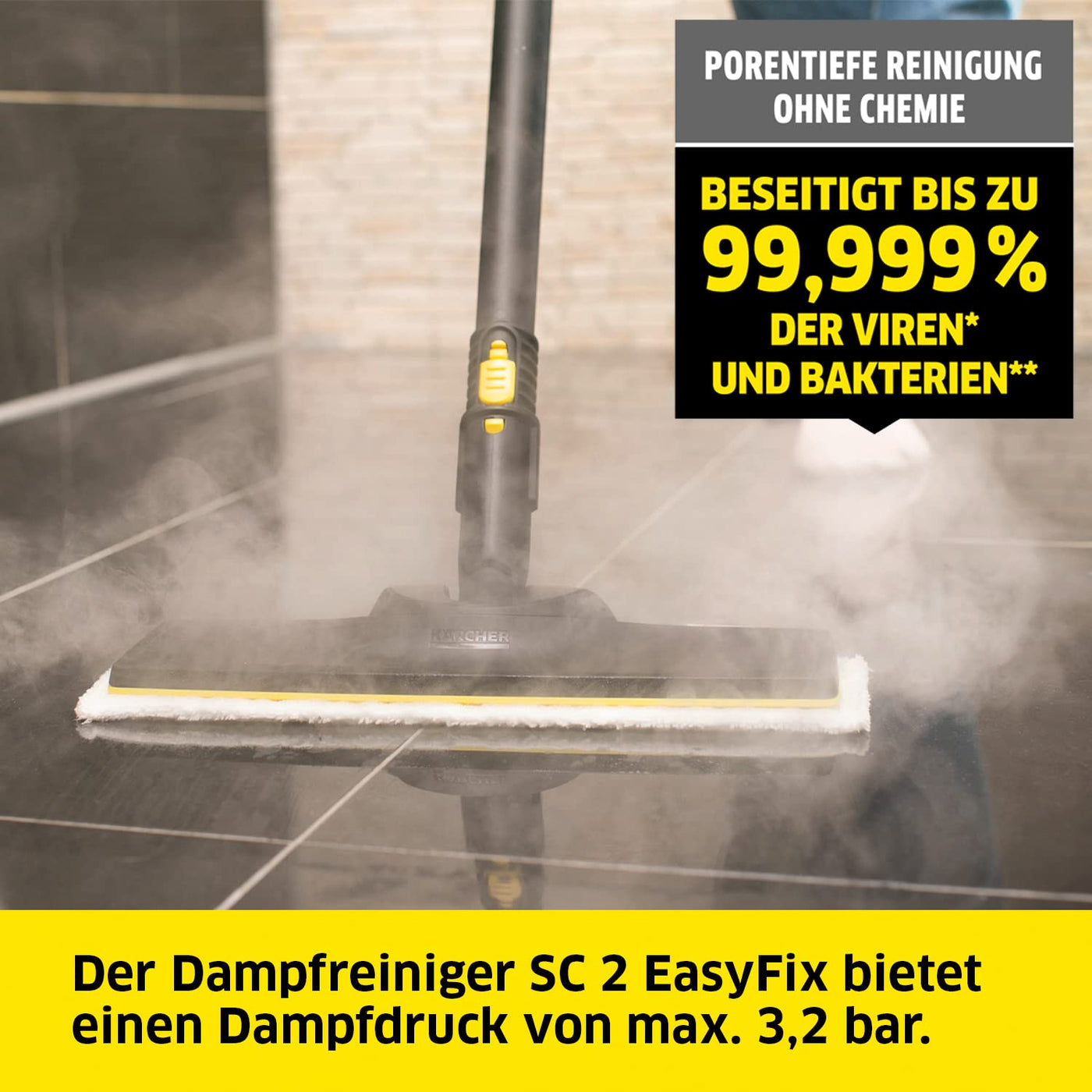 Kärcher Dampfreiniger SC 2 EasyFix, Dampfdruck: 3,2 bar, Aufheizzeit: 6,5 min., Leistung: 1.500 W, Flächenleistung: 75 m², Tank: 1 l, mit Bodenreinigungsset EasyFix, Düsen und Mikrofaserbezug, Gelb