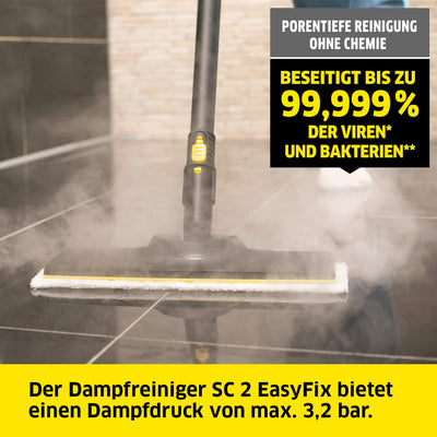 Kärcher Dampfreiniger SC 2 EasyFix, Dampfdruck: 3,2 bar, Aufheizzeit: 6,5 min., Leistung: 1.500 W, Flächenleistung: 75 m², Tank: 1 l, mit Bodenreinigungsset EasyFix, Düsen und Mikrofaserbezug, Gelb