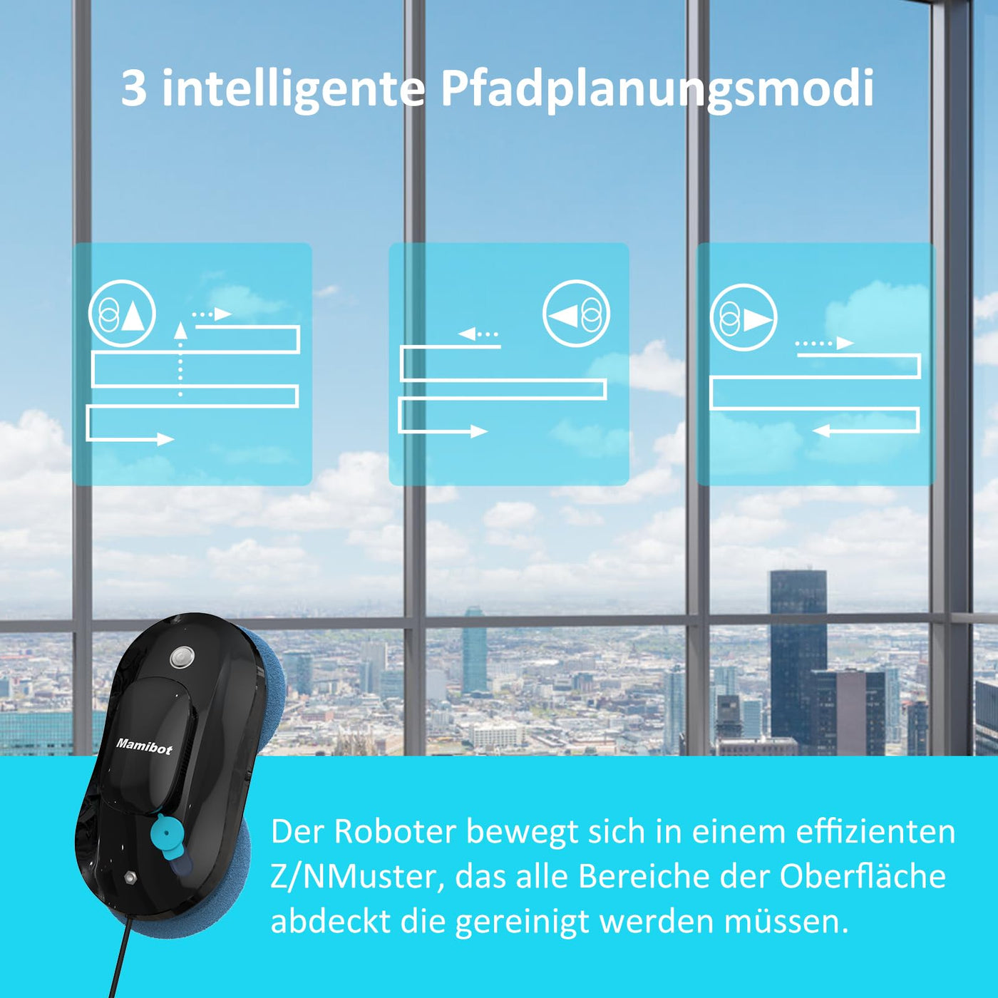 Mamibot W110-P Fensterputzroboter, automatischer intelligenter Navigations-Staubsauger Anti-Drop, mit APP und Fernbedienung, für Glas, Fliesen, 12 Stück Tücher (Schwarz)