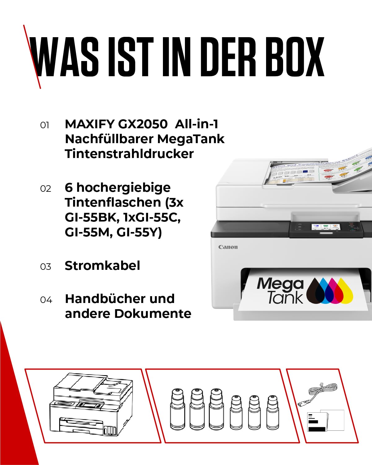 Canon MAXIFY GX2050 Tintenstrahldrucker 4-in-1 Multifunktionsgerät DIN A4 (Drucker, Scanner, Kopierer, Fax, ADF, 600x1200 DPI, WLAN, USB, Duplexdruck, 250 Blatt Kassette) Enthält 6 x Tintenflaschen