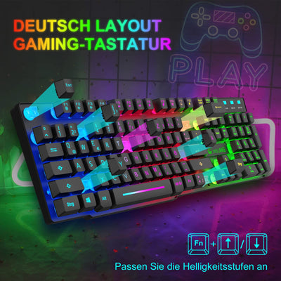 QWERTZ Deutsches DE Layout Kabelgebundene Gaming Tastatur und Maus Set 104 tasten LED Regenbogen Farben Beleuchtete 2400 DPI 6-Tasten-Maus Tastatur und Maus kompatibel mit PC PS5 PS4 Xbox-Schwarze