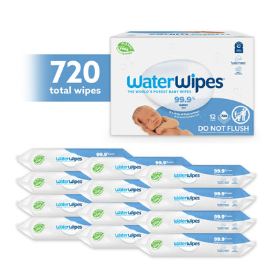 WaterWipes plastikfreie, originale Reinigungstücher für Babys, 720 Stück (12 Packungen), 99,9 % wasserbasierte Reingugnstücher, unparfümiert für empfindliche Haut