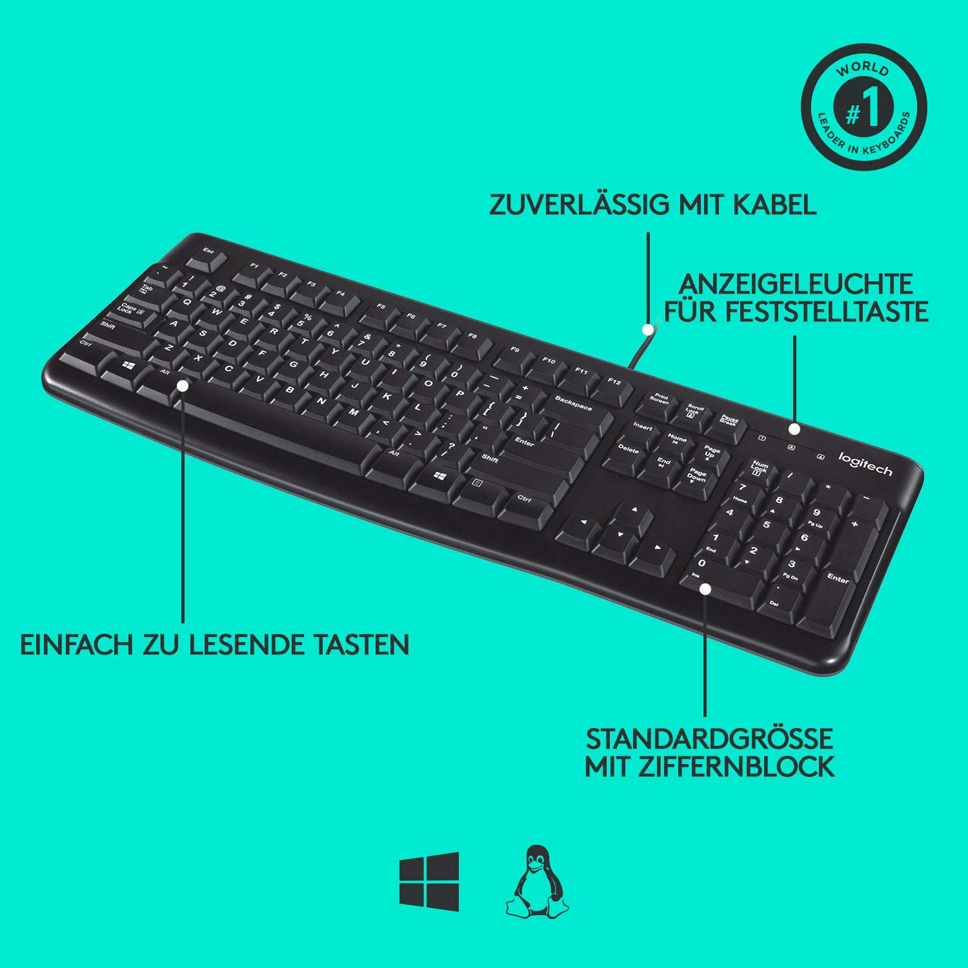 Logitech K120 Kabelgebundene Business Tastatur für Windows und Linux, USB-Anschluss, Leises Tippen, Robust, Spritzwassergeschützt, Tastaturaufsteller, Deutsches QWERTZ-Layout - Schwarz