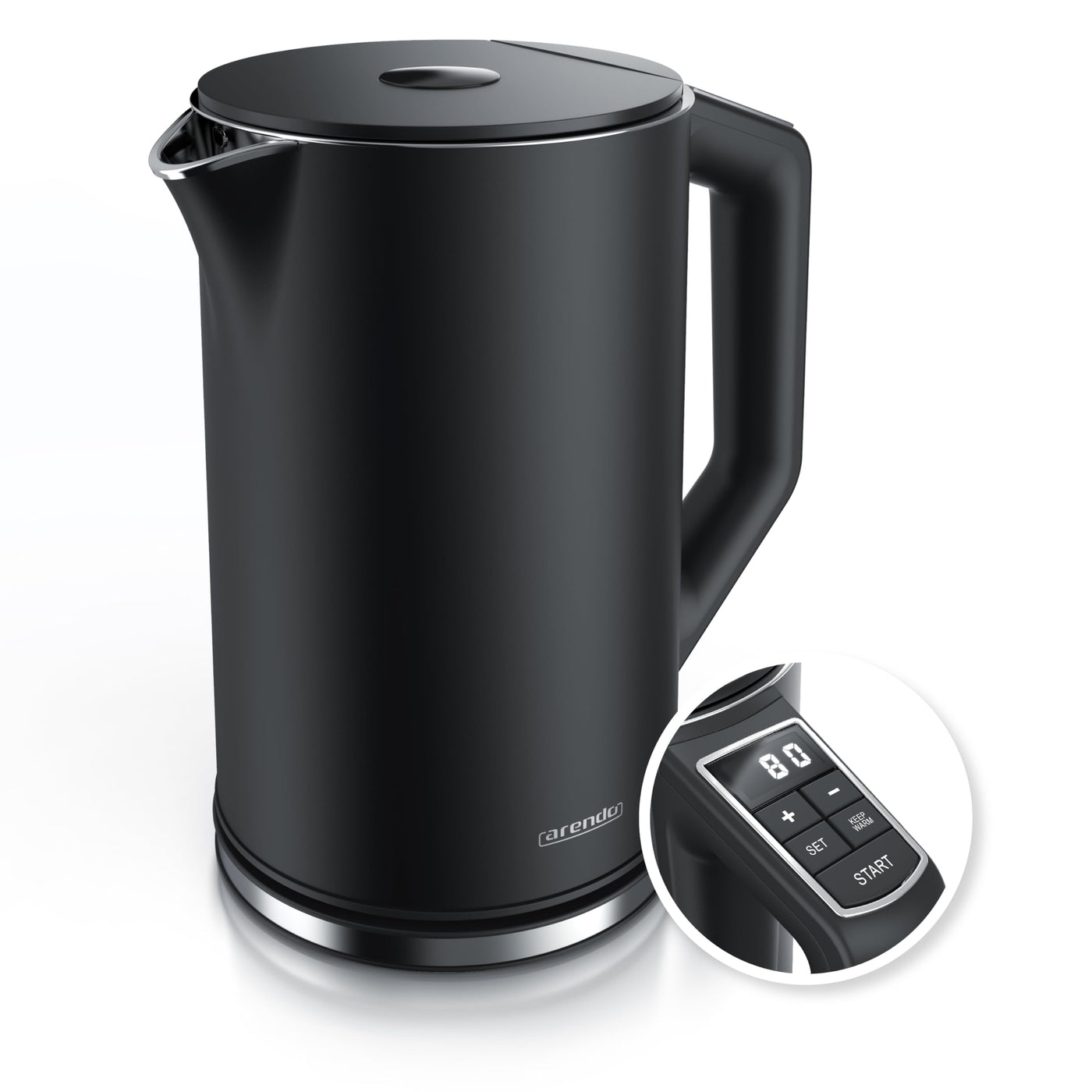 Arendo - Edelstahl Wasserkocher mit Temperatureinstellung 40-100 Grad in 5er Schritten - Doppelwand Design - Modell ELEGANT - 1,5 Liter - 2200 W - Teekocher mit Temperaturanzeige - GS - Vulkangrau