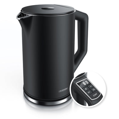 Arendo - Edelstahl Wasserkocher mit Temperatureinstellung 40-100 Grad in 5er Schritten - Doppelwand Design - Modell ELEGANT - 1,5 Liter - 2200 W - Teekocher mit Temperaturanzeige - GS - Vulkangrau