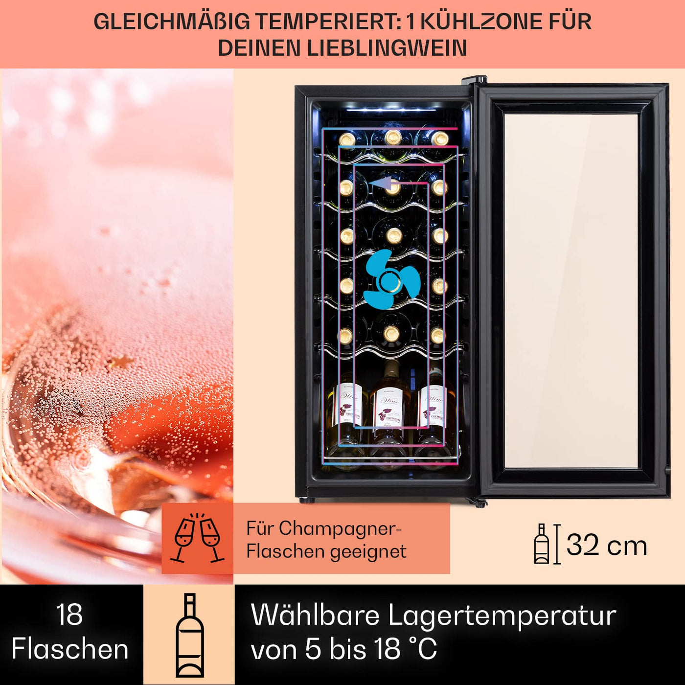 Klarstein Weinkühlschrank, 1 Zonen Getränkekühlschrank Klein, Kleiner Weinschrank 50L, Wein-Kühlschrank Klein mit Glastür, Indoor/Outdoor Flaschenkühlschrank, Wine Fridge 5-18°C, 18 Flaschen